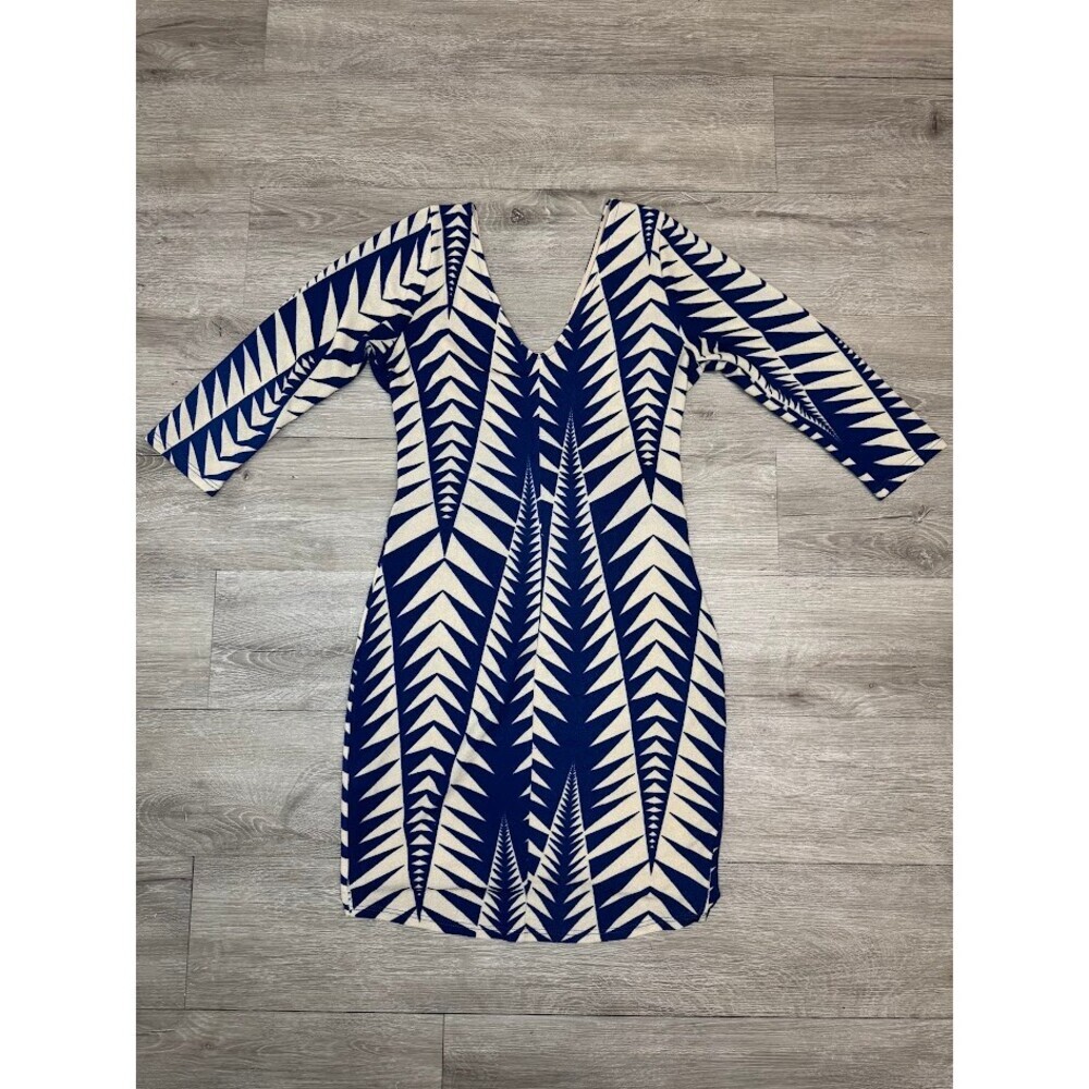 Blue Cream Geometric Faux Wrap Bodycon Midi Dress V Neck 3/4 Sleeve Medium - Picture 7 of 8